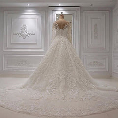 Chic  A-line Jewel Longsleeves Wedding Dresses With Appliques Ivory Tulle Ruffles Bridal Gowns On Sale