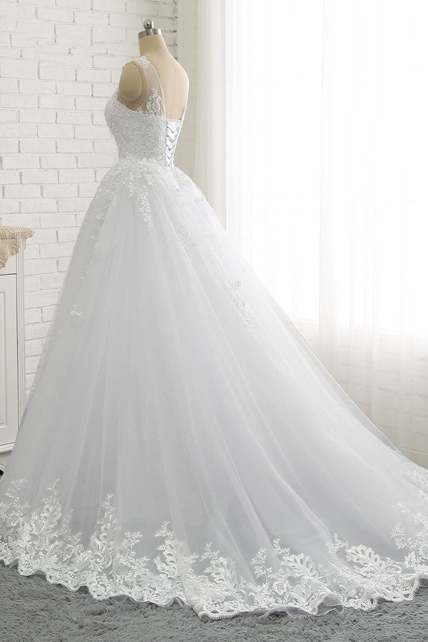 Chic A-Line Jewel Tulle Lace Wedding Dress Sleeveless Appliques Bridal Gowns with Beadings Online