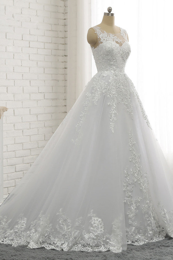 Chic A-Line Jewel Tulle Lace Wedding Dress Sleeveless Appliques Bridal Gowns with Beadings Online