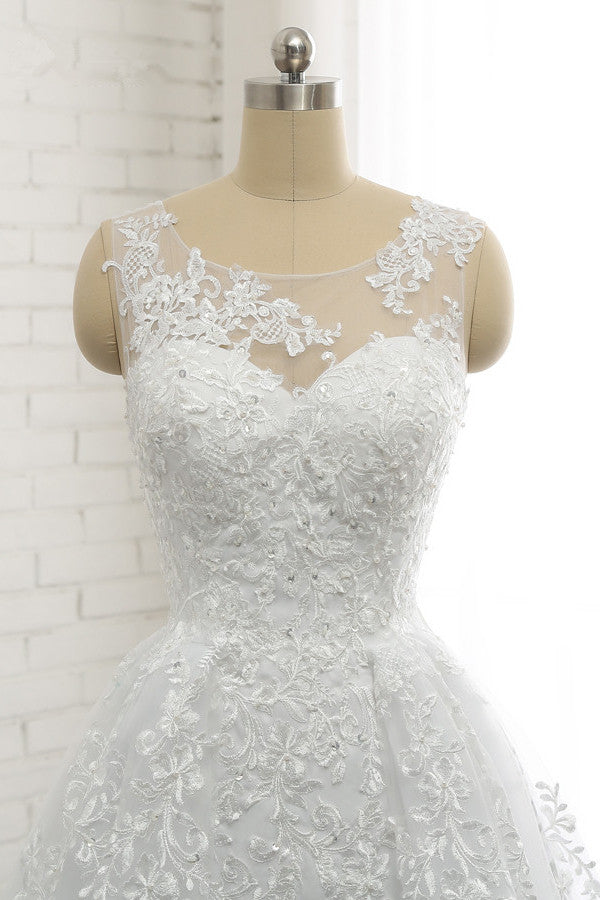 Chic A-Line Jewel Tulle Lace Wedding Dress Sleeveless Appliques Bridal Gowns with Beadings Online