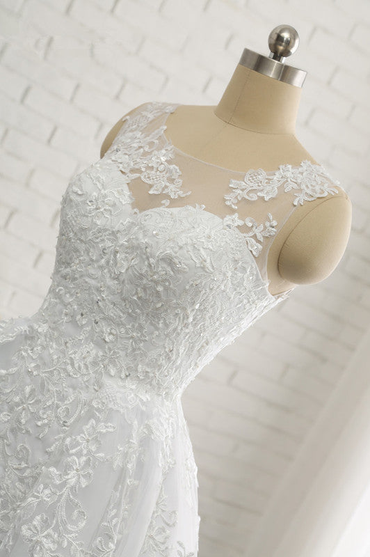 Chic A-Line Jewel Tulle Lace Wedding Dress Sleeveless Appliques Bridal Gowns with Beadings Online