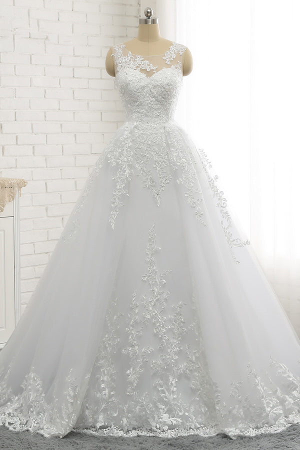 Chic A-Line Jewel Tulle Lace Wedding Dress Sleeveless Appliques Bridal Gowns with Beadings Online