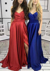 Chic A-Line V-Neck Sleeveless Charmeuse Court Train Prom Dress/Evening Dress With Pleated Split