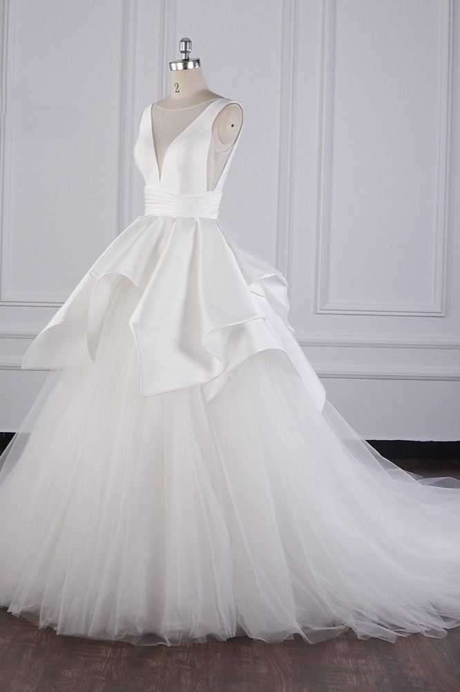 Chic Ball Gown Jewel Layers Tulle Wedding Dress White Sleeveless Ruffles Bridal Gowns Online