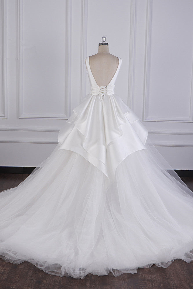 Chic Ball Gown Jewel Layers Tulle Wedding Dress White Sleeveless Ruffles Bridal Gowns Online