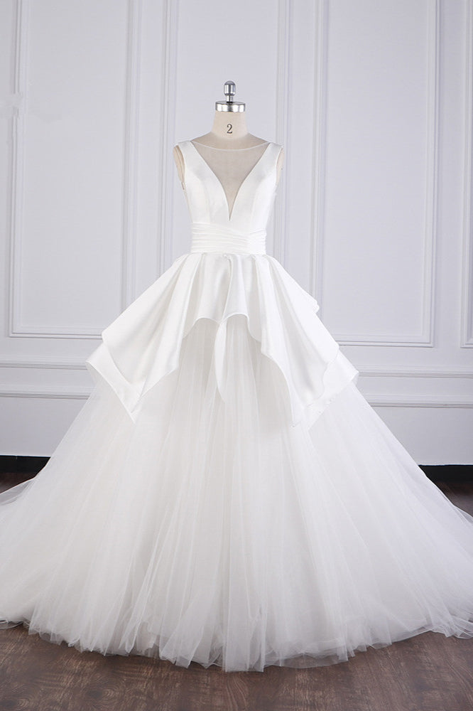 Chic Ball Gown Jewel Layers Tulle Wedding Dress White Sleeveless Ruffles Bridal Gowns Online