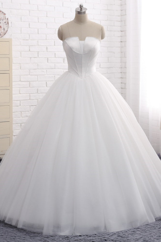 Chic Ball Gown Strapless White Tulle Wedding Dress Sleeveless Bridal Gowns On Sale