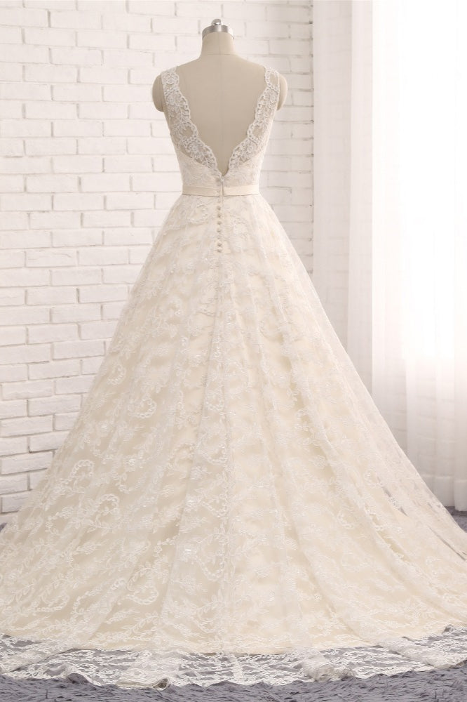 Chic Champagne Jewel Sleeveless Wedding Dresses A-line Lace Bridal Gowns With Appliques On Sale