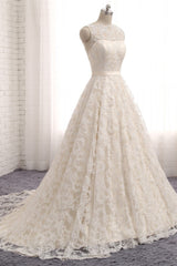 Chic Champagne Jewel Sleeveless Wedding Dresses A-line Lace Bridal Gowns With Appliques On Sale