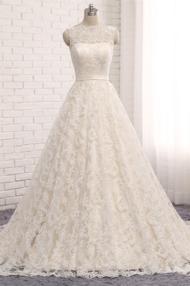 Chic Champagne Jewel Sleeveless Wedding Dresses A-line Lace Bridal Gowns With Appliques On Sale