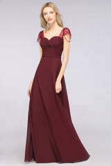 Chic Chiffon Sweetheart Cap-Sleeves Ruffle Bridesmaid Dresses with Beadings