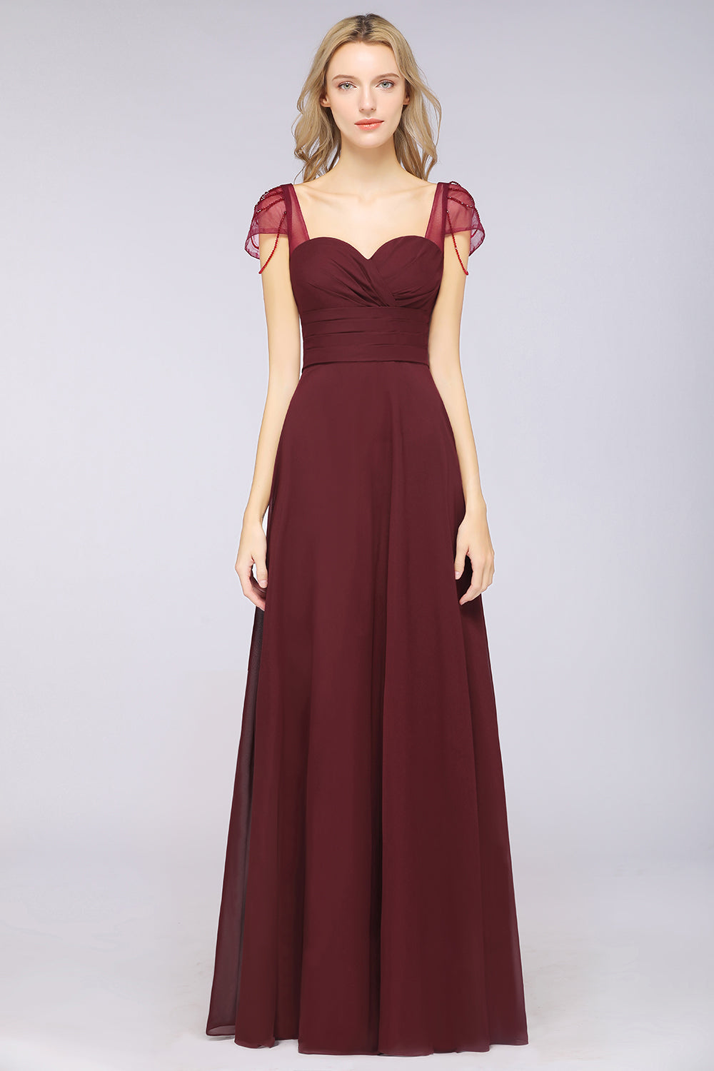 Chic Chiffon Sweetheart Cap-Sleeves Ruffle Bridesmaid Dresses with Beadings