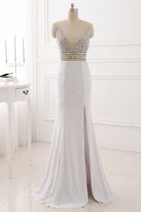 Chic Chiffon V-Neck Rhinestones Prom Dresses with Front Slit On Sale