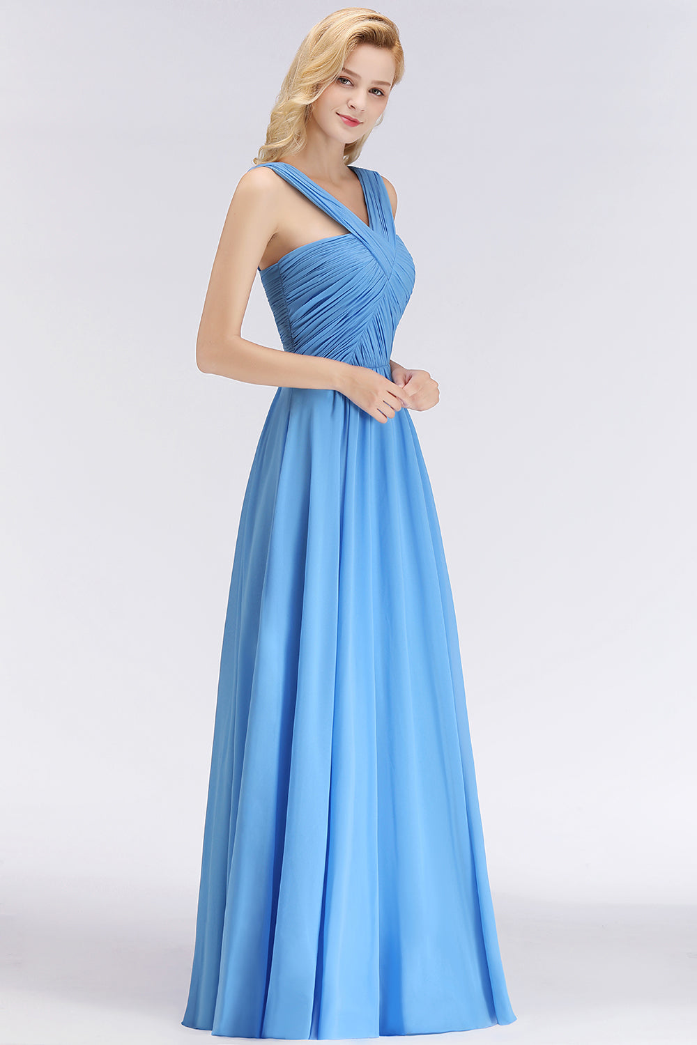 Chic Crisscross Ocean Blue Junior Bridesmaid Dresses Affordable Chiffon Ruffle Maid of Honor Dresses