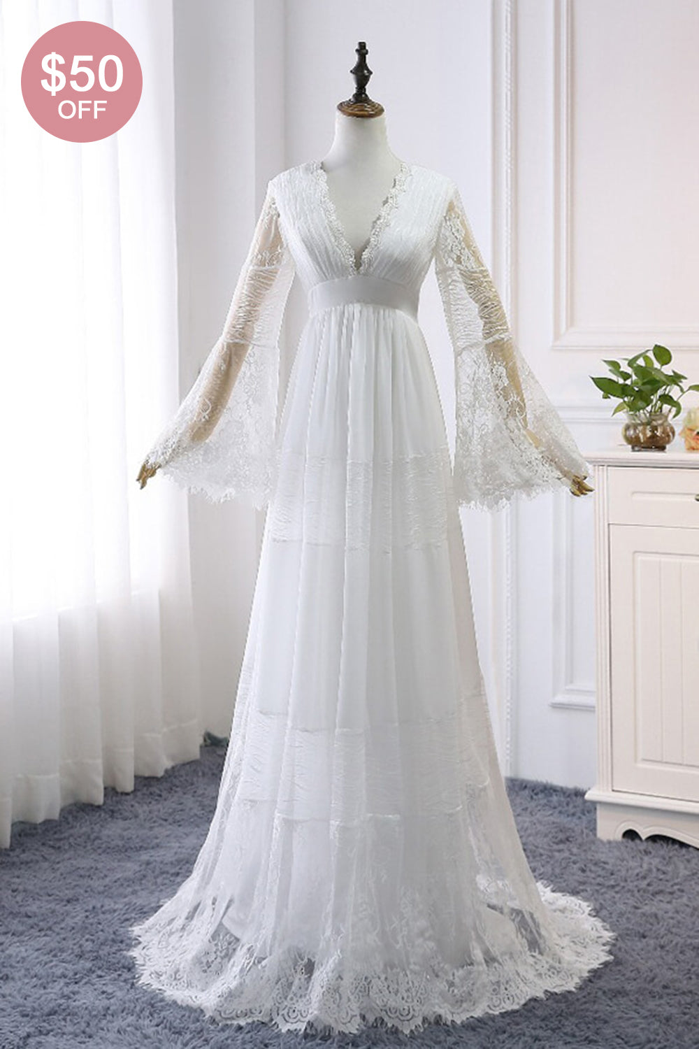 Chic Empire Lace Tulle Wedding Dress Long Sleeves V-Neck Appliques Bridal Gowns On Sale