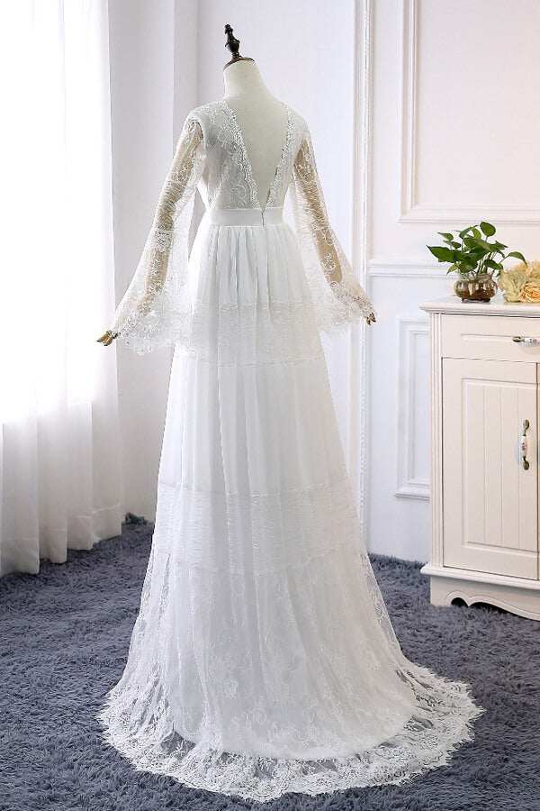 Chic Empire Lace Tulle Wedding Dress Long Sleeves V-Neck Appliques Bridal Gowns On Sale