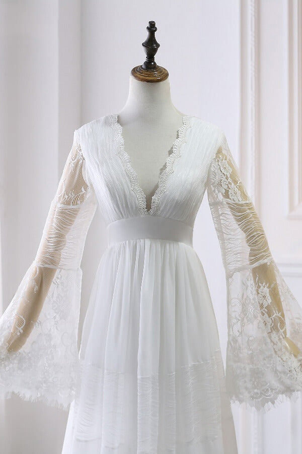 Chic Empire Lace Tulle Wedding Dress Long Sleeves V-Neck Appliques Bridal Gowns On Sale