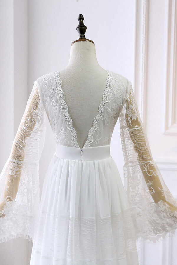 Chic Empire Lace Tulle Wedding Dress Long Sleeves V-Neck Appliques Bridal Gowns On Sale