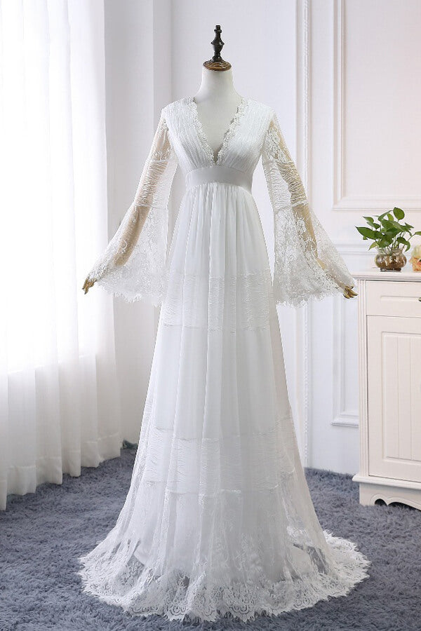 Chic Empire Lace Tulle Wedding Dress Long Sleeves V-Neck Appliques Bridal Gowns On Sale