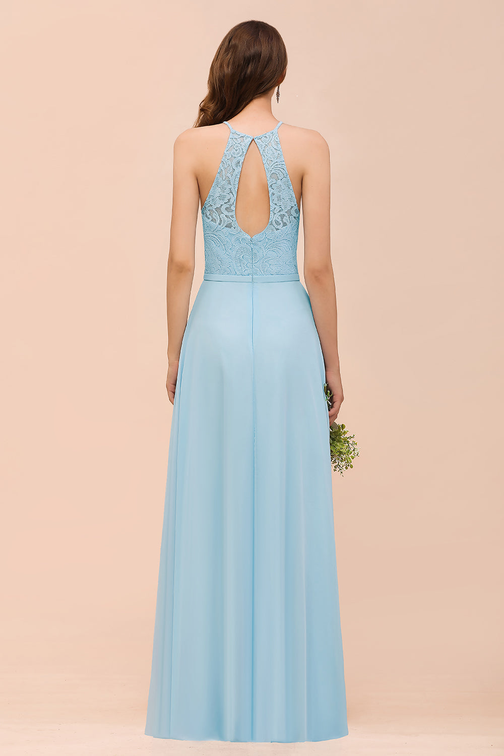 Chic Halter Sleeveless Affordable Sky Blue Bridesmaid Dress with Lace