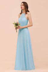 Chic Halter Sleeveless Affordable Sky Blue Bridesmaid Dress with Lace