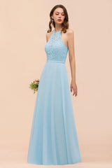 Chic Halter Sleeveless Affordable Sky Blue Bridesmaid Dress with Lace