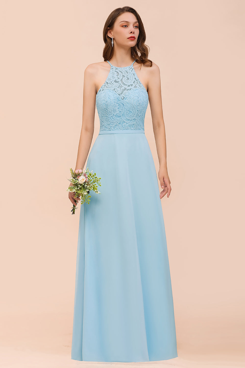 Chic Halter Sleeveless Affordable Sky Blue Bridesmaid Dress with Lace