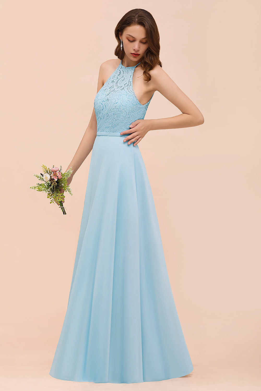 Chic Halter Sleeveless Affordable Sky Blue Bridesmaid Dress with Lace