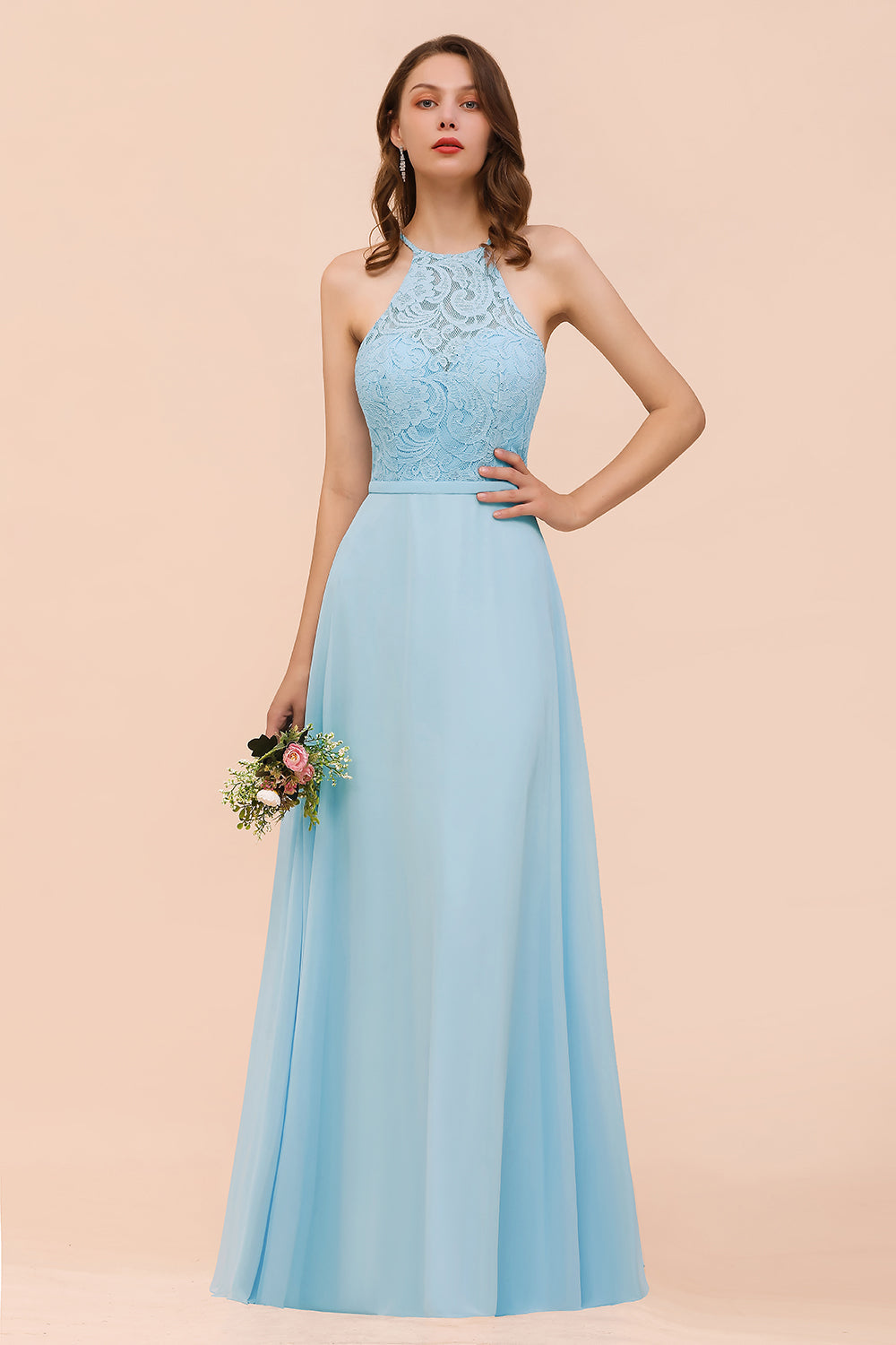 Chic Halter Sleeveless Affordable Sky Blue Bridesmaid Dress with Lace