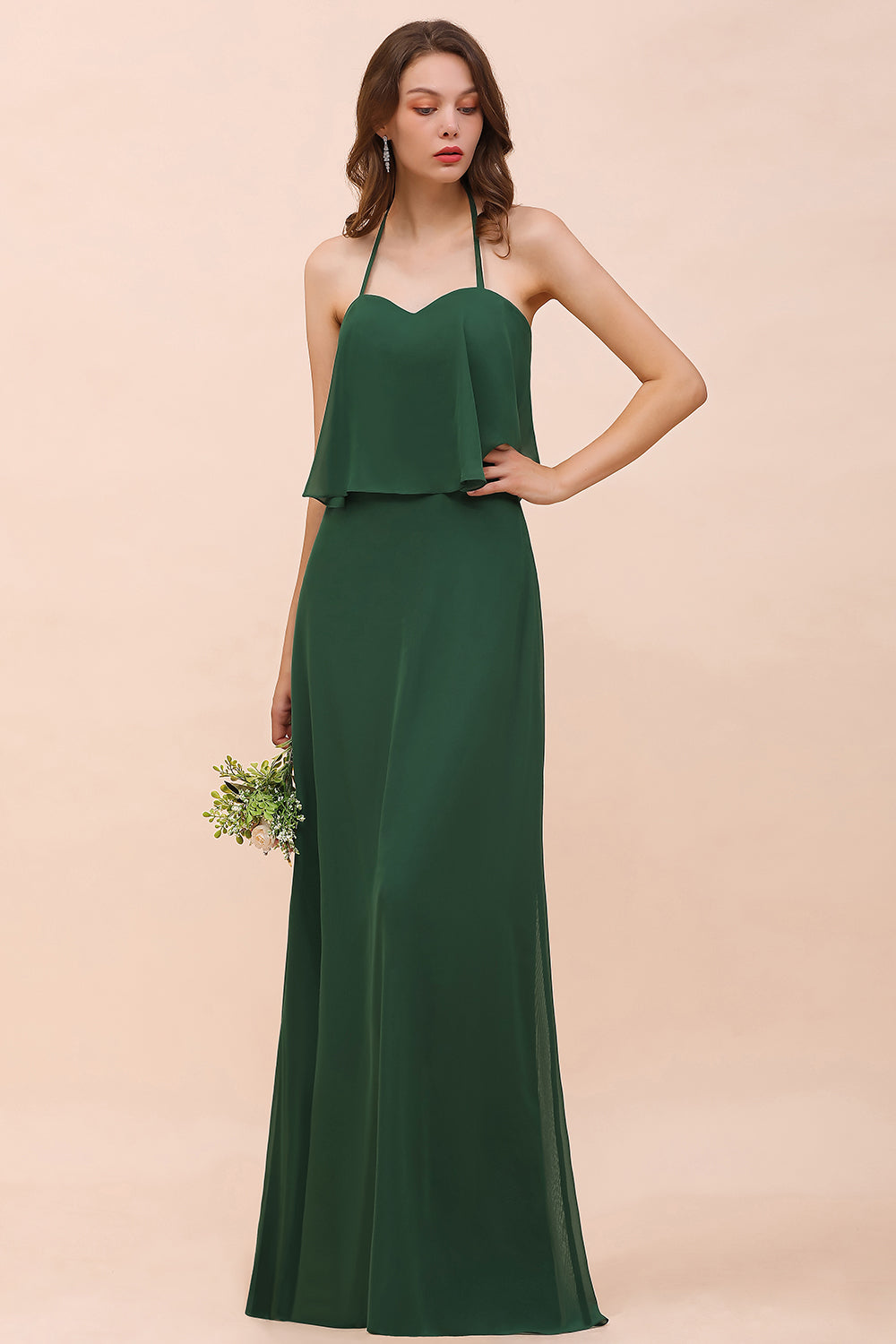 Chic Halter Sweetheart Dark Green Chiffon Bridesmaid Dress