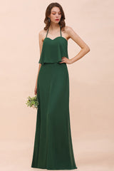 Chic Halter Sweetheart Dark Green Chiffon Bridesmaid Dress