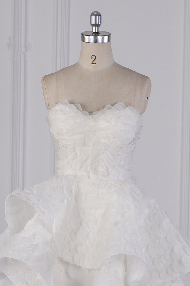 Chic Hi-Lo Strapless Tulle Wedding Dress Appliques Sleeveless Bridal Gowns Online