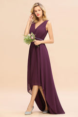 Chic Hi-Lo V Neck Ruffle Bridesmaid Dress with Beading Sash