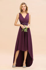 Chic Hi-Lo V Neck Ruffle Bridesmaid Dress with Beading Sash