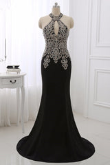 Chic High-Neck Sleeveless Black Mermaid Prom Dresses with Appliques Beadings