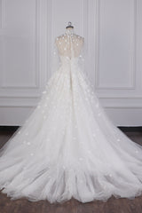 Chic High-Neck Tulle Lace Wedding Dress Appliques Beadings Long Sleeves Bridal Gowns On Sale