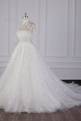 Chic High-Neck Tulle Lace Wedding Dress Appliques Beadings Long Sleeves Bridal Gowns On Sale