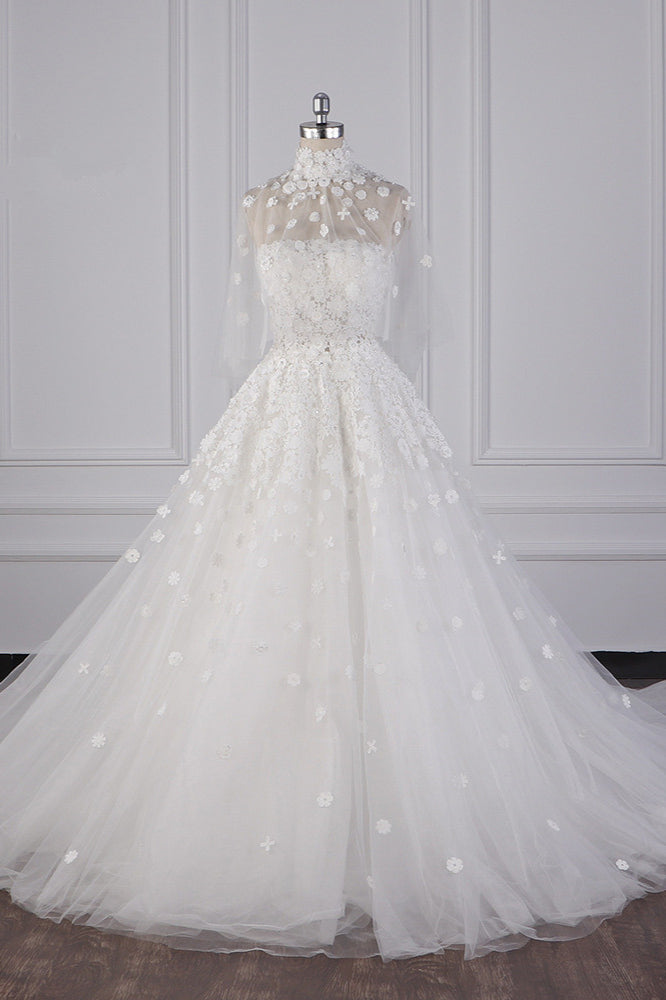 Chic High-Neck Tulle Lace Wedding Dress Appliques Beadings Long Sleeves Bridal Gowns On Sale