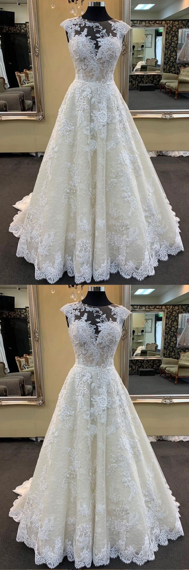 Chic Ivory Lace Round Neck Long Wedding Dress Cap Sleeve Sweep Train Bridal Gowns On Sale