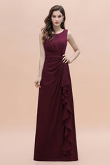 Chic Jewel Cabernet Chiffon Ruffles Bridesmaid Dress with Slit On Sale