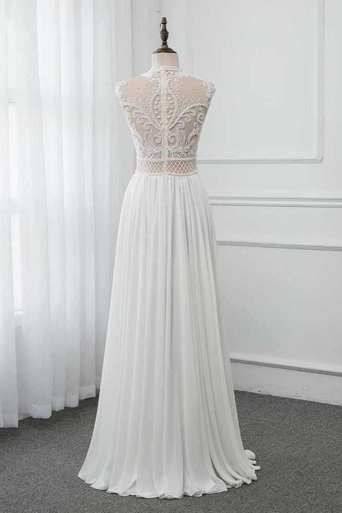 Chic Jewel Chiffon Ruffle White Wedding Dresses Lace Top Sleeveless Bridal Gowns with Pearls