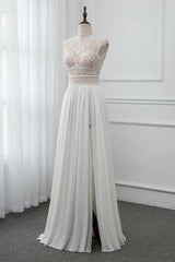 Chic Jewel Chiffon Ruffle White Wedding Dresses Lace Top Sleeveless Bridal Gowns with Pearls