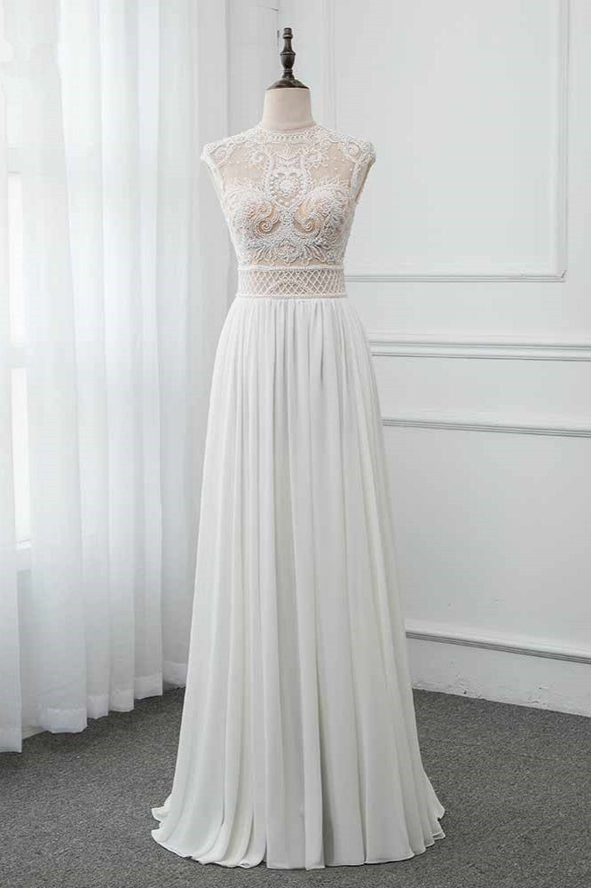 Chic Jewel Chiffon Ruffle White Wedding Dresses Lace Top Sleeveless Bridal Gowns with Pearls