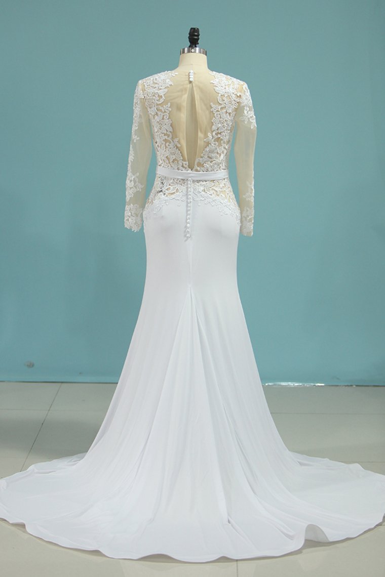 Chic Jewel Long Sleeves Tulle Chiffon Wedding Dress Lace Appliques Front Slit Bridal Gowns Online