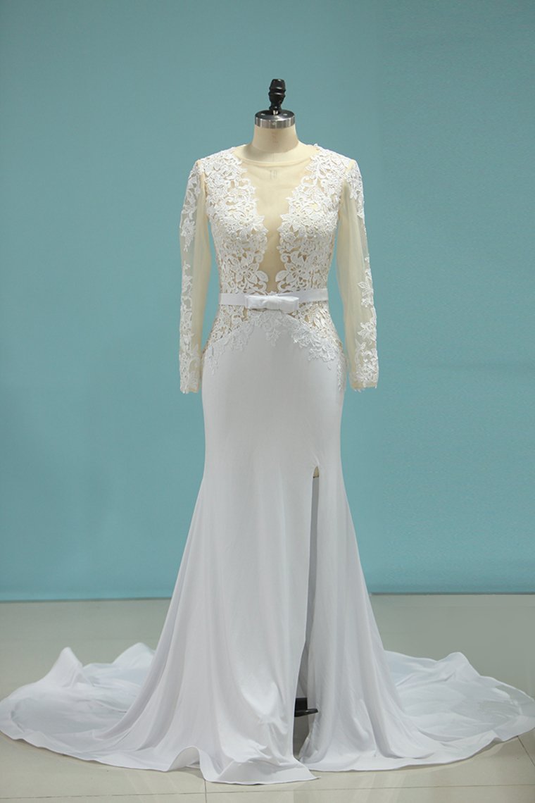 Chic Jewel Long Sleeves Tulle Chiffon Wedding Dress Lace Appliques Front Slit Bridal Gowns Online