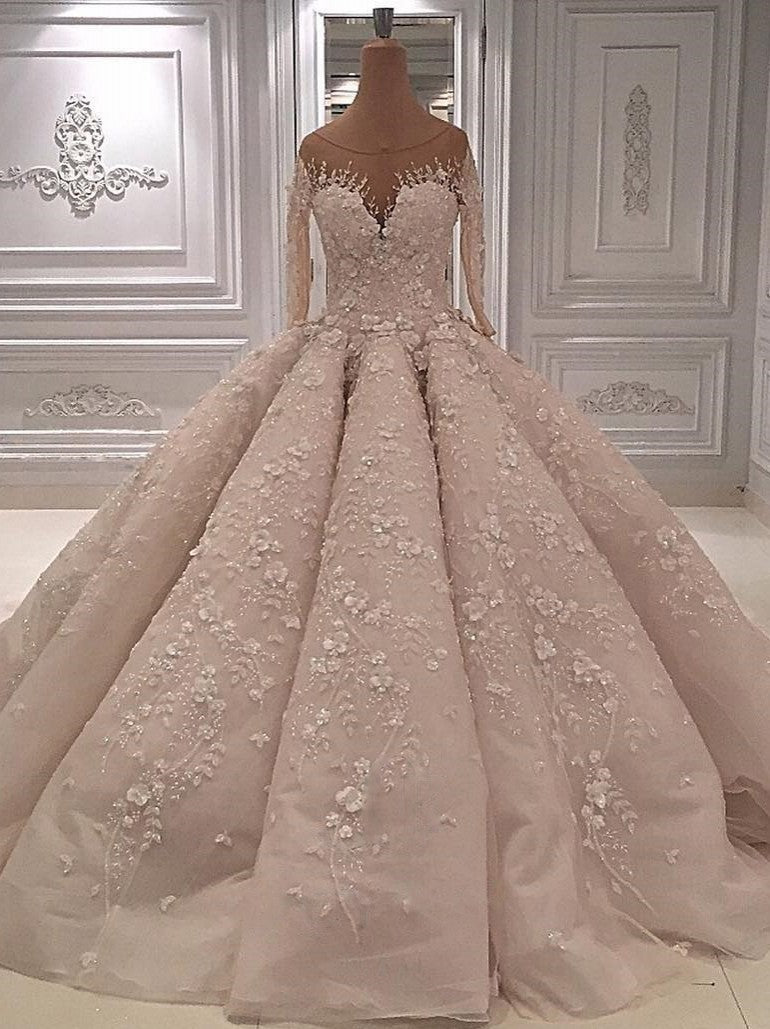 Chic Jewel Longsleeves A-line Wedding Dresses With Appliques Ivory Tulle Ruffles Bridal Gowns On Sale