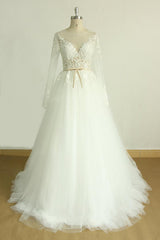 Chic Jewel Longsleeves Tulle Wedding Dress Appliques Lace A-line Bridal Gowns On Sale