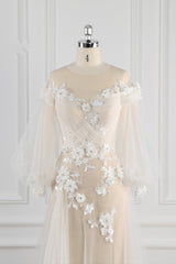 Chic Jewel Pink Tulle Flowers Wedding Dress Beadings Appliques Long Sleeves Bridal Gowns On Sale