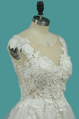 Chic Jewel Sleeveless Lace Wedding Dress Tull Appliques Ruffles Bridal Gowns Online