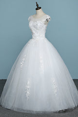 Chic Jewel Tulle Lace White Wedding Dress Sleeveless Appliques Bridal Gowns with Flowers Online